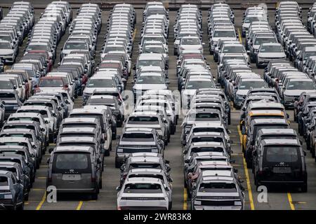 Place de parking pour véhicules d'importation, centaines de Hyundai Ioniq, voitures électriques, en attente de transport, au terminal à conteneurs EUROGATE Banque D'Images