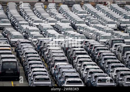 Place de parking pour véhicules d'importation, centaines de Hyundai Ioniq, voitures électriques, en attente de transport, au terminal à conteneurs EUROGATE Banque D'Images