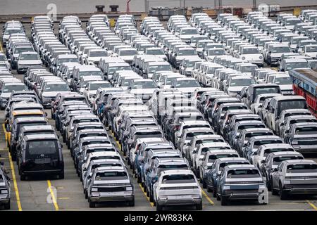 Place de parking pour véhicules d'importation, centaines de Hyundai Ioniq, voitures électriques, en attente de transport, au terminal à conteneurs EUROGATE Banque D'Images