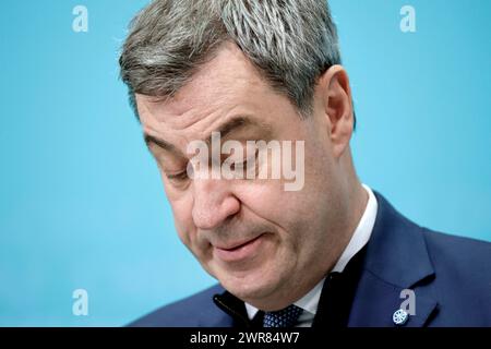 Markus Soeder, Ministerpraesident des Freistaates Bayern, CSU, Pressekonferenz nach den Gremiensitzungen mit der CDU, DEU, Berlin, 11.03.2024 *** Markus Soeder, Ministre Président de l'Etat libre de Bavière, CSU, Conférence de presse après les réunions de la Commission avec la CDU, DEU, Berlin, 11 03 2024 Banque D'Images