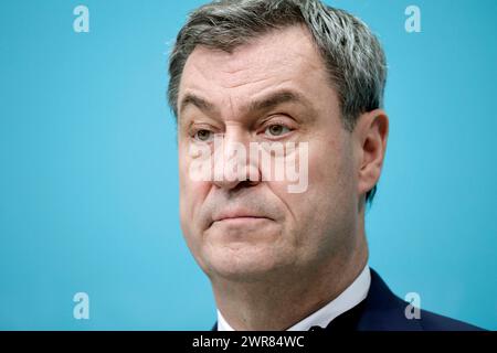 Markus Soeder, Ministerpraesident des Freistaates Bayern, CSU, Pressekonferenz nach den Gremiensitzungen mit der CDU, DEU, Berlin, 11.03.2024 *** Markus Soeder, Ministre Président de l'Etat libre de Bavière, CSU, Conférence de presse après les réunions de la Commission avec la CDU, DEU, Berlin, 11 03 2024 Banque D'Images