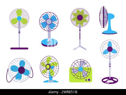Ventilateurs électriques. Appareils de refroidissement pour la saison chaude de l'été. Équipement domestique ou de bureau pour sol, table ou mur Illustration de Vecteur