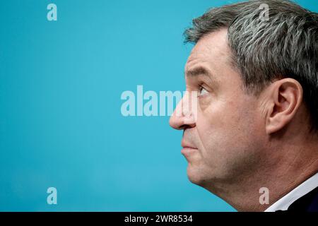 Markus Soeder, Ministerpraesident des Freistaates Bayern, CSU, Pressekonferenz nach den Gremiensitzungen mit der CDU, DEU, Berlin, 11.03.2024 *** Markus Soeder, Ministre Président de l'Etat libre de Bavière, CSU, Conférence de presse après les réunions de la Commission avec la CDU, DEU, Berlin, 11 03 2024 Banque D'Images