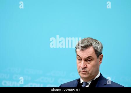 Markus Soeder, Ministerpraesident des Freistaates Bayern, CSU, Pressekonferenz nach den Gremiensitzungen mit der CDU, DEU, Berlin, 11.03.2024 *** Markus Soeder, Ministre Président de l'Etat libre de Bavière, CSU, Conférence de presse après les réunions de la Commission avec la CDU, DEU, Berlin, 11 03 2024 Banque D'Images