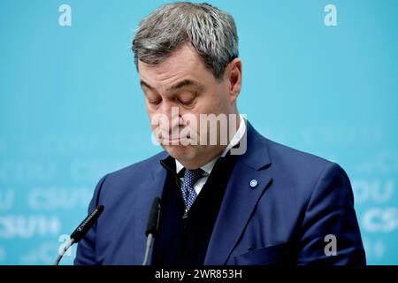 Markus Soeder, Ministerpraesident des Freistaates Bayern, CSU, Pressekonferenz nach den Gremiensitzungen mit der CDU, DEU, Berlin, 11.03.2024 *** Markus Soeder, Ministre Président de l'Etat libre de Bavière, CSU, Conférence de presse après les réunions de la Commission avec la CDU, DEU, Berlin, 11 03 2024 Banque D'Images