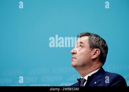 Markus Soeder, Ministerpraesident des Freistaates Bayern, CSU, Pressekonferenz nach den Gremiensitzungen mit der CDU, DEU, Berlin, 11.03.2024 *** Markus Soeder, Ministre Président de l'Etat libre de Bavière, CSU, Conférence de presse après les réunions de la Commission avec la CDU, DEU, Berlin, 11 03 2024 Banque D'Images