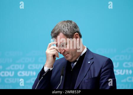 Markus Soeder, Ministerpraesident des Freistaates Bayern, CSU, Pressekonferenz nach den Gremiensitzungen mit der CDU, DEU, Berlin, 11.03.2024 *** Markus Soeder, Ministre Président de l'Etat libre de Bavière, CSU, Conférence de presse après les réunions de la Commission avec la CDU, DEU, Berlin, 11 03 2024 Banque D'Images