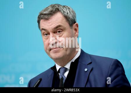 Markus Soeder, Ministerpraesident des Freistaates Bayern, CSU, Pressekonferenz nach den Gremiensitzungen mit der CDU, DEU, Berlin, 11.03.2024 *** Markus Soeder, Ministre Président de l'Etat libre de Bavière, CSU, Conférence de presse après les réunions de la Commission avec la CDU, DEU, Berlin, 11 03 2024 Banque D'Images