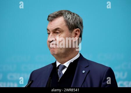 Markus Soeder, Ministerpraesident des Freistaates Bayern, CSU, Pressekonferenz nach den Gremiensitzungen mit der CDU, DEU, Berlin, 11.03.2024 *** Markus Soeder, Ministre Président de l'Etat libre de Bavière, CSU, Conférence de presse après les réunions de la Commission avec la CDU, DEU, Berlin, 11 03 2024 Banque D'Images