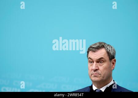 Markus Soeder, Ministerpraesident des Freistaates Bayern, CSU, Pressekonferenz nach den Gremiensitzungen mit der CDU, DEU, Berlin, 11.03.2024 *** Markus Soeder, Ministre Président de l'Etat libre de Bavière, CSU, Conférence de presse après les réunions de la Commission avec la CDU, DEU, Berlin, 11 03 2024 Banque D'Images