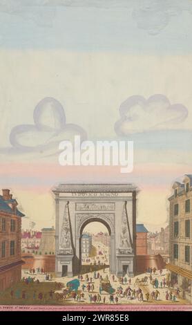 Vue de l'arc de triomphe porte Saint-Denis à Paris, la porte St Denis (...) (Titre sur objet), vue de l'arc de triomphe porte Saint-Denis à Paris. Au premier plan, diverses figures et un chariot. Print fait partie d'un album., imprimeur : Hugo Allard (I), (possiblement), après impression par : Nicolas Perelle, éditeur : Carel Allard, imprimeur : Northern Netherlands, après impression par : Paris, éditeur : Amsterdam, la Haye, 1673 - 1709, papier, gravure, hauteur 435 mm × largeur 271 mm, hauteur 535 mm × largeur 319 mm, impression Banque D'Images