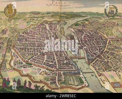 Vue de Paris vue d'un vol d'oiseau, 1620, Paris Wie solche Ao. 1620 im Wessen gestanden (titre sur objet), vue de Paris vue d'un vol d'oiseau, 1620. Dans le coin supérieur gauche les armoiries de Louis XIV, roi de France. Dans le coin supérieur droit les armoiries de Paris. L'impression fait partie d'un album., imprimeur : Matthäus Merian (II), après dessin par : Matthäus Merian (I), Anna Beeck, imprimeur : Francfort-sur-le-main, après dessin par : Paris, la Haye, 1655, papier, gravure, hauteur 346 mm × largeur 460 mm, hauteur 535 mm × largeur 620 mm, impression Banque D'Images