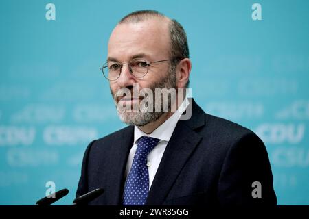 Manfred Weber, Vorsitzender der EVP-Fraktion, CSU, Pressekonferenz nach den Gremiensitzungen, DEU, Berlin, 11.03.2024 *** Manfred Weber, Président du Groupe PPE, CSU, Conférence de presse après les réunions de la Commission, DEU, Berlin, 11 03 2024 Banque D'Images