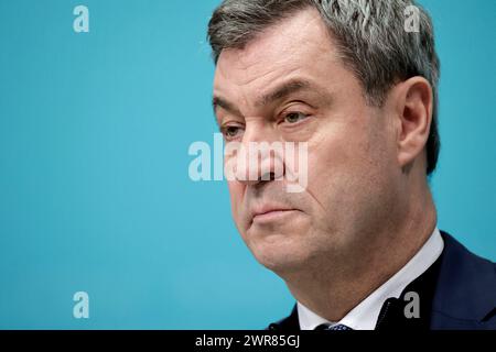 Markus Soeder, Ministerpraesident des Freistaates Bayern, CSU, Pressekonferenz nach den Gremiensitzungen mit der CDU, DEU, Berlin, 11.03.2024 *** Markus Soeder, Ministre Président de l'Etat libre de Bavière, CSU, Conférence de presse après les réunions de la Commission avec la CDU, DEU, Berlin, 11 03 2024 Banque D'Images