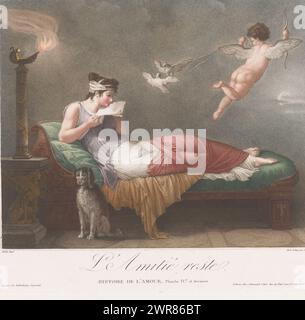Personnification de l'amitié (Amicitia), lecture d'une lettre, L'amitié reste. (Titre sur objet), jeune femme sur chaise longue lit une lettre., imprimeur : Michel Dissard, imprimeur : Louis Prot, (possiblement), après peinture par : Jean Baptiste Mallet, Paris, 1817 - 1837, papier, gravure, hauteur 360 mm × largeur 400 mm, impression Banque D'Images