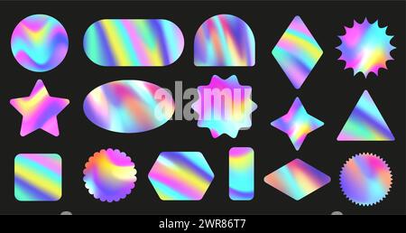Formes d'autocollants holo iridescentes. Formes géométriques holographiques, ensemble de vecteur de décalques de feuille colorés Illustration de Vecteur