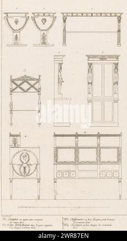 Meubles Empire, meubles Français dans le genre antique (titre sur objet), vue de face et de côté de quatre meubles Empire tels qu'une table haute et étroite, une bibliothèque et une secrétaire. Une description en français dans la marge inférieure., imprimeur : bureau, après sa propre conception par : bureau, France, 1815 - 1825, papier, gravure, hauteur 300 mm × largeur 170 mm, impression Banque D'Images