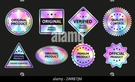 Fixez les autocollants holographiques. Étiquettes irisées de qualité originale, badges de produits vérifiés et sceaux officiels avec ensemble vectoriel gradient de feuille holo Illustration de Vecteur