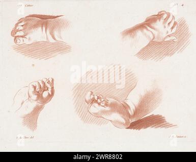 Deux mains et pieds d'enfants, compositions avec des parties du corps humain (titre de la série), imprimeur : Jean François Janinet, après dessin par : Pierre Thomas le Clerc, éditeur : Charles le Père & Pierre-Michel Avaulez, imprimeur : France, éditeur : Paris, 1773 - 1777, papier, hauteur 211 mm × largeur 291 mm, impression Banque D'Images