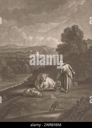 Paysage vallonné avec laitière et bétail, matin (titre sur l'objet), avec vers de quatre lignes en anglais., imprimeur : Charles Spooner, d'après peinture par : Isaac Vogelsang, éditeur : Robert Sayer, Londres, c. 1745 - 1767, papier, gravure, hauteur 354 mm × largeur 249 mm, impression Banque D'Images