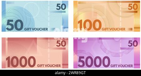 Coupons guillochés pour billets de banque. Coupons de style de devise, certificats d'achat et ensemble de vecteurs de modèle de chèque-cadeau Illustration de Vecteur