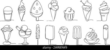 Crème glacée continue à une ligne. Desserts glacés doux dessinés à la main, popsicles froides et sundaes ensemble d'illustration vectorielle Illustration de Vecteur