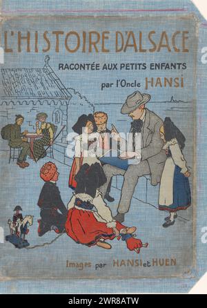 Oncle Hansi lit aux enfants, assis sur un mur, oncle Hansi lit dans un livre. Autour de lui se trouvent deux filles et deux garçons en costumes traditionnels. Une des filles a une poupée et un des garçons a un cheval jouet en bois avec un général français. En arrière-plan un homme et une femme sont assis à une table., imprimeur : anonyme, après conception par : Johann Jakob Waltz, Engel, Paris, 1913, lin (matériel), impression, hauteur 409 mm × largeur 292 mm, impression Banque D'Images