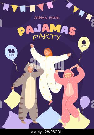 Modèle d'affiche d'invitation de fête de pyjama. Les personnages avec des onesies et des costumes de kigurumi jouent au combat d'oreiller et ont l'illustration vectorielle amusante Illustration de Vecteur