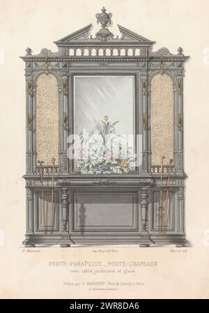 Meubles avec miroir et porte-manteaux, porte parapluie porte chapeaux (titre sur objet), le garde-meuble / Collection de meubles (titre de la série sur objet), Un meuble avec une table avec plantes, un miroir et des porte-manteaux. Tirage du 265e livre., imprimeur : Marcal, imprimeur : Becquet frères, éditeur : Eugène Maincent, Paris, 1885 - 1895, papier, hauteur 359 mm × largeur 273 mm, impression Banque D'Images