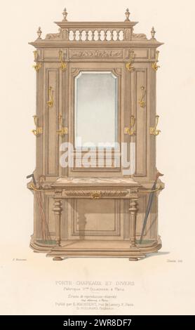 Mobilier avec miroir et porte-manteaux, porte-chapeaux et divers (titre sur objet), le garde-meuble / Collection de meubles (titre de la série sur objet), Un meuble avec une table, Un miroir et des porte-manteaux. Tirage de 332e livraison., imprimeur : Chanat, imprimeur : Monrocq, éditeur : Eugène Maincent, Paris, 1885 - 1895, papier, hauteur 360 mm × largeur 273 mm, impression Banque D'Images