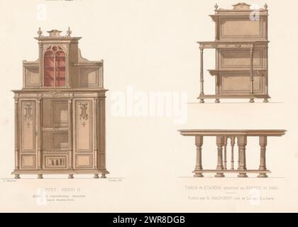 Buffet, armoire et table, buffet Henri II / table et étagère (titre sur objet), L'ameublement / Collection de (sièges) meubles (titre de la série sur objet), buffet Henri II / table et étagère (titre de la série sur objet), Un buffet, armoire ouverte et table rectangulaire dans le style Henry II . Tirage du 288e livre., imprimeur : Chanat, imprimeur : Monrocq, éditeur : Eugène Maincent, Paris, 1885 - 1895, papier, hauteur 272 mm × largeur 359 mm, impression Banque D'Images