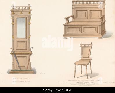 Mobilier avec miroir et porte-manteaux, canapé et chaise, porte-chapeaux / banquette et escabeau d'antichambre (titre sur objet), L'ameublement / Collection simple (titre de série sur objet), Un meuble avec miroir et porte-manteaux, un canapé et une chaise. Tirage du 285e livre., imprimeur : Chanat, imprimeur : Becquet frères, éditeur : Eugène Maincent, Paris, 1885 - 1895, papier, hauteur 272 mm × largeur 359 mm, impression Banque D'Images