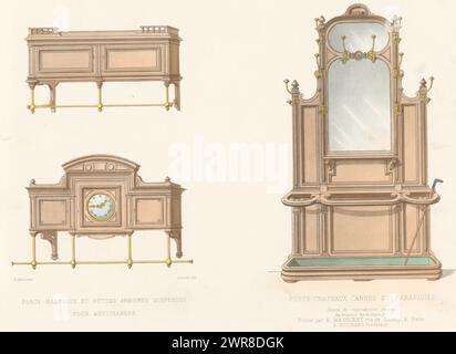 Deux porte-manteaux et meubles avec miroir et porte-manteaux, porte-manteaux et petites armoires suspendus pour antichambre / porte-chapeaux, canne et foutas (titre sur objet), L'ameublement / Collection simple (titre de la série sur objet), deux porte-manteaux dont un avec horloge, et un meuble avec un miroir et des porte-manteaux. Tirage du 275e livre., imprimeur : Léon Laroche, imprimeur : Becquet frères, éditeur : Eugène Maincent, Paris, 1885 - 1895, papier, hauteur 272 mm × largeur 359 mm, impression Banque D'Images