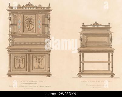 Buffet et placard, buffet de salle à manger, Henri II / servante (titre sur objet), L'ameublement / Collection simple (titre de la série sur objet), Un buffet et placard ouvert dans le style Henry II. Tirage de 302e livraison., imprimeur : Léon Laroche, imprimeur : Monrocq, éditeur : weduwe Eugène Maincent, Paris, 1895, papier, hauteur 273 mm × largeur 357 mm, tirage Banque D'Images