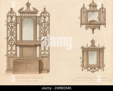 Mobilier avec miroir et porte-manteaux et deux porte-manteaux, porte-chapeaux renaissance (titre sur objet), L'ameublement / Collection simple (titre de série sur objet), Un meuble renaissance avec miroir, porte-manteaux et canapé et deux porte-manteaux avec miroir. Tirage du 294e livre., imprimeur : Chanat, imprimeur : Monrocq, éditeur : weduwe Eugène Maincent, Paris, 1895, papier, hauteur 273 mm × largeur 356 mm, tirage Banque D'Images