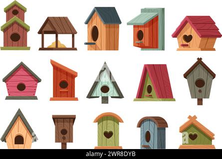 Maisons d'oiseaux en bois de dessin animé. Maisons aviaires rustiques avec divers modèles, nichoirs classiques et mangeoires d'oiseaux ensemble d'illustration vectorielle Illustration de Vecteur