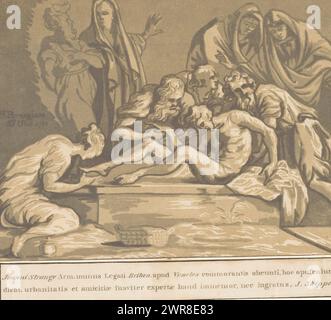 Entombment, amicis suis necnon unicuique (...) (Titre de la série sur objet), Entombment of Christ. Avec étiquette avec texte sur deux lignes en latin indiquant le nom : John Strange. Partie d'un album avec 26 gravures sur bois chiaroscuro collées d'après des artistes italiens du XVIe siècle., imprimeur : John B. Skippe, d'après la conception de : Parmigianino, Angleterre, 1783, papier, hauteur 206 mm × largeur 264 mm, impression Banque D'Images