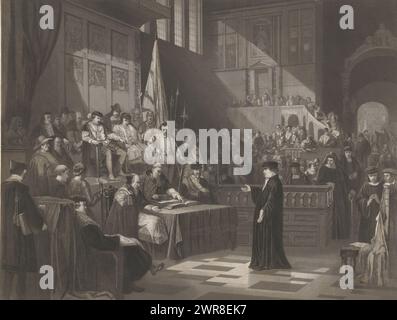 Luther avant la diète à Worms, 1521, Dr Martin Luther (titre sur objet), Luther dans l'attitude de 'Here I stand, je ne peux faire d'autre', à la diète à Worms, 17-18 avril 1521, dans la salle avec l'empereur Charles V à gauche., imprimeur: Christiaan Lodewijk van Kesteren, après peinture par : Abraham van Pelt, imprimeur : Jacobus Franciscus Brugman, imprimeur : pays-Bas, imprimeur : Amsterdam, 1845 - 1897, papier, gravure sur acier, hauteur 505 mm × largeur 620 mm, impression Banque D'Images