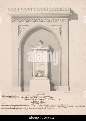 Monument funéraire pour le peintre Johannes Christiaan Schotel, image architecturale du monument, érigé dans la Groote Kerk à Dordrecht, en mémoire du chevalier Joannes Christianus Schotel, né à Dordrecht le 11 novembre 1787 et mort là le 21 décembre 1838 (titre sur objet), image architecturale du monument pour le peintre Johannes Christiaan Schotel dans la Grote Kerk à Dordrecht. La tombe se dresse sur un piédestal et est décorée d'un cadre d'oeuf, de volutes et d'une urne funéraire. Des attributs de peinture, des instruments nautiques, des branches de laurier et un chevalier y sont représentés Banque D'Images