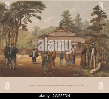 Vue de la maison du maire de Mogi, vue de la maison du Bourcuemaitre de Moci sur les bords du Golfe de Sima-Bara (titre sur objet), souvenir du Japon vues d'après nature avec texte par le comte de Lijnden (titre de la série sur objet), vue de la maison du maire de Mogi. Néerlandais et japonais au premier plan. A l'intérieur de la maison, un groupe de figures peut être vu autour d'une table., imprimeur : anonyme, après dessin par : Johan Maurits Dideric graaf van Lynden, imprimeur : Koninklijke Nederlandse Steendrukkerij van C.W. Mieling, la Haye, 1862, papier, hauteur 540 mm × largeur 722 mm Banque D'Images