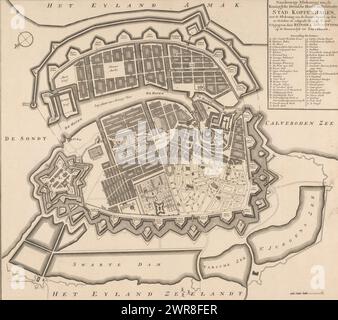 Carte de Copenhague, dessin précis de la capitale royale danoise et résidence de la ville de Copenhague (...) (Titre sur l'objet), carte de Copenhague montrant les dégâts causés par l'incendie d'octobre 1728. La partie de la ville qui n'est pas ombragée (en bas à droite) a été réduite en cendres pendant l'incendie., imprimeur : anonyme, éditeur : Reinier Ottens (I) & Josua, Amsterdam, après c. 1728, papier, gravure, gravure, hauteur 473 mm × largeur 522 mm, impression Banque D'Images