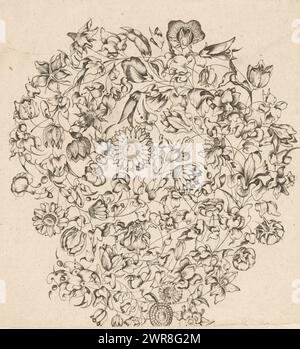 Goldsmith's bouquet with tendrils, Livre de fleurs & de feuilles pour servir à l'art d'orfeverie (titre de la série), imprimé ornemental d'un bouquet dans le style 'cosses de pois', composé de tendrils feuillus et de fleurs stylisées, faisant partie d'une série de six ., designer : François Lefebure, imprimeur: Balthazar Moncornet, (peut-être copie après), éditeur : Balthazar Moncornet, Paris, 1635, papier, gravure, hauteur 142 mm × largeur 133 mm, impression Banque D'Images