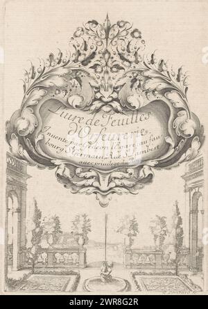 Tirage du titre : Livre de feuilles d'Orfevrerie, Livre de feuilles d'Orfevrerie (titre de la série sur objet), tirage du titre dans le style 'cosses de pois' d'une série de sept feuilles avec bouquets d'orfèvre. Cartouche avec deux masques couronnés de feuilles. Le cartouche repose sur une colonnade à gauche et à droite et montre une vue en perspective d'un jardin avec une fontaine et un paysage urbain à l'arrière., designer : Gédéon Légaré, imprimeur : Pierre Lombard, éditeur: Gédéon Légaré, Paris, après 1640 - avant 1647, papier, gravure, hauteur 141 mm × largeur 100 mm, tirage Banque D'Images