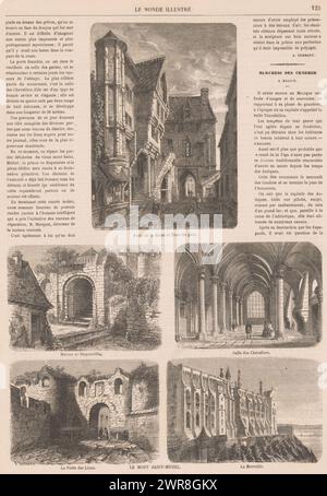 Cinq représentations avec le Mont Saint-Michel comme sujet, le Mont Saint-Michel (titre sur objet), la revue est une page tirée du monde illustré, avec cinq représentations en gravure sur bois avec sous-titres : porte de la herse et Tour du guet ; Maison de Duguesclin ; salle des Chevaliers ; la porte des Lions; la merveille., imprimeur : F. Roevens, après conception par : Félix Thorigny, éditeur : Edmond Pointel, Paris, 1864, papier, gravure sur bois, typographie, hauteur 365 mm × largeur 260 mm, impression Banque D'Images