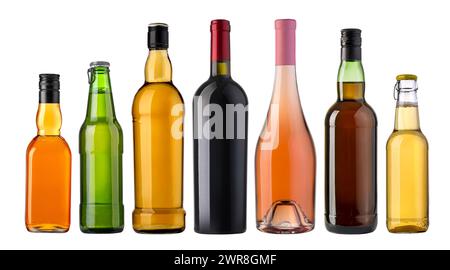 Ensemble de bouteilles avec différents liquides sur fond transparent. Banque D'Images