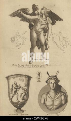 Composition avec diverses images de Persée sur un vase, en sculpture et sur un camée. Les figures et objets sont numérotés de I à VI. L'ensemble est numéroté en haut à droite : TAB. X., imprimeur : anonyme, 1700 - 1799, papier, gravure, gravure, hauteur 337 mm × largeur 207 mm, impression Banque D'Images