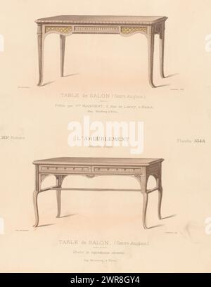 Deux tables basses de style anglais, table de salon (genre anglais) (titre sur objet), L'ameublement / Collection simple (titre de la série sur objet), tirage à partir de 313e livraison., imprimeur : Léon Laroche, imprimeur : Monrocq, éditeur : weduwe Eugène Maincent, Paris, 1895 - 1910, papier, hauteur 359 mm × largeur 278 mm, tirage Banque D'Images