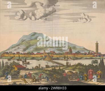 Vue de la ville chinoise de Nanjing, Lankin (titre sur l'objet), ville chinoise fortifiée vue de la rive opposée. Figures au premier plan et voiliers chinois sur la rivière. La correction N a été placée à la main sur le l imprimé du titre., imprimeur : anonyme, après dessin par : John Ogilby, éditeur : Thomas Johnson (17de eeuw), éditeur : Londres, éditeur : Amsterdam, 1670 - 1671, papier, gravure, hauteur 293 mm × largeur 356 mm, impression Banque D'Images