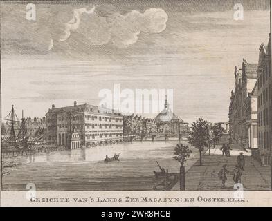 Vue des terres de la Zeemagazijn et de l'Oosterkerk à Amsterdam, vue des terres de la Zee Magazyn : et Oosterkerk (titre sur l'objet), imprimeur : anonyme, 1675 - 1700, papier, gravure, gravure, hauteur 140 mm × largeur 180 mm, impression Banque D'Images