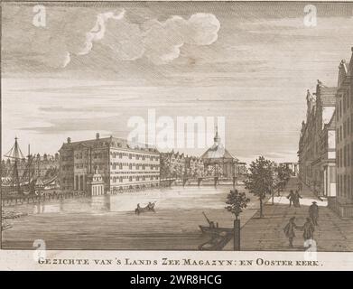 Vue des terres de la Zeemagazijn et de l'Oosterkerk à Amsterdam, vue des terres de la Zee Magazyn : et Oosterkerk (titre sur l'objet), imprimeur : anonyme, 1675 - 1700, papier, gravure, gravure, hauteur 147 mm × largeur 189 mm, impression Banque D'Images